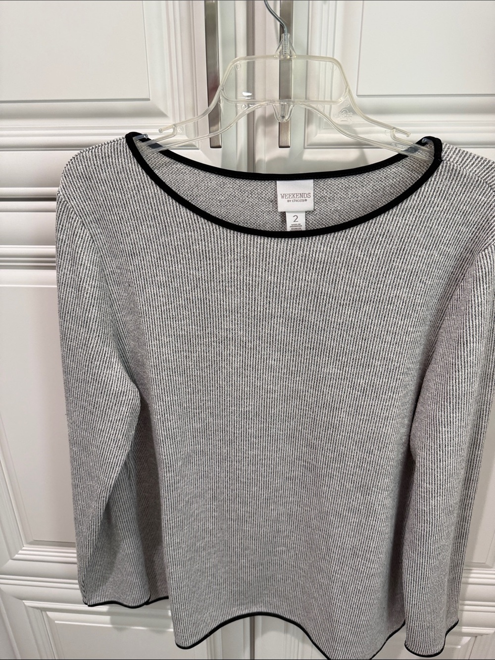 Chico's Gray Knit Top with Black Neck Trim